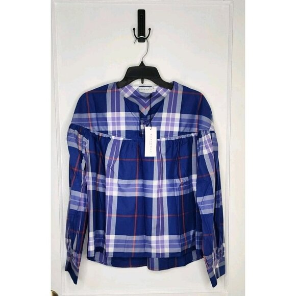 NWT Harshman Moone Blouse Estoril Blue Plaid Size Large 100% Cotton - Picture 1 of 5